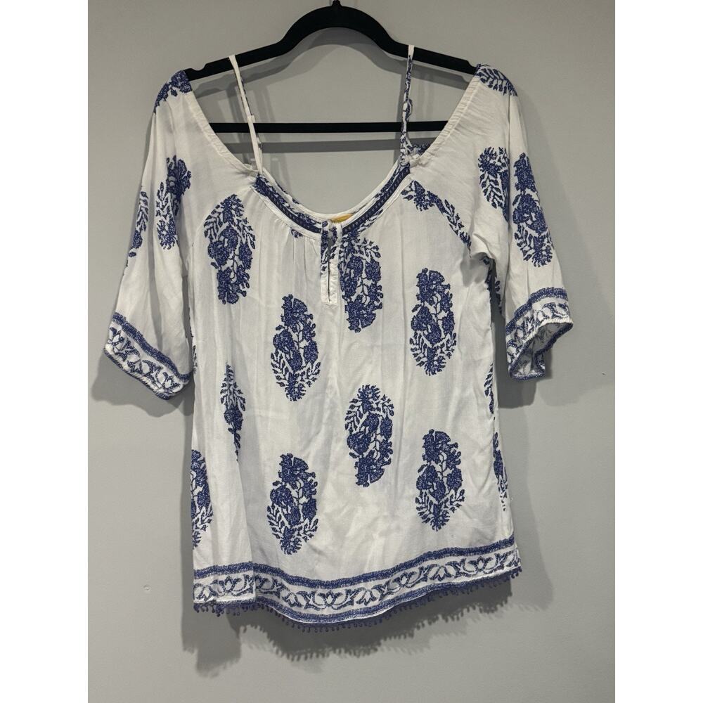 Devi Boho Blue And White Print Blouse Off The Shoulder S